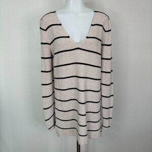 Old Navy Tunic Sweater Medium Beige Black V-Neck Long Sleeve Pullover Women's